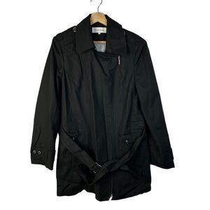 Calvin Klein Black Asymmetrical Zip Belted Trench Coat L